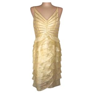 Adrianna Papell Tulip ruffle tiered hem yellow sheer shimmer cocktail dress